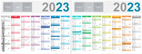 Calendrier français 2023 14 mois au format 320 x 420 mm recto verso entièrement modifiable via calques