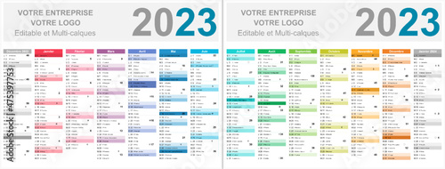 Calendrier français 2023 14 mois au format 320 x 420 mm recto verso entièrement modifiable via calques
