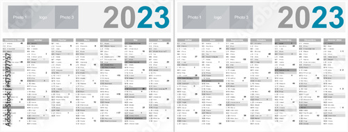 Calendrier français 2023 14 mois au format 320 x 420 mm recto verso entièrement modifiable via calques