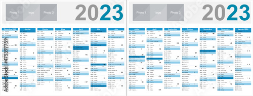 Calendrier français 2023 14 mois au format 320 x 420 mm recto verso entièrement modifiable via calques