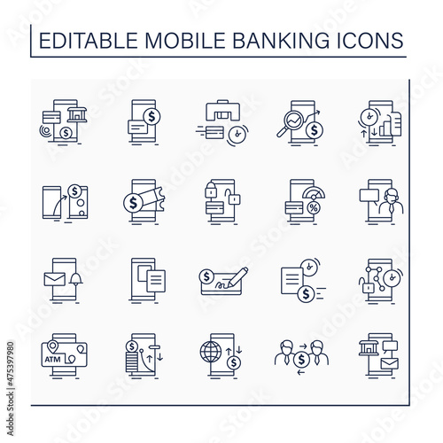 Mobile banking service line icons. set Consists of email alert, p2p payment, lock, unlock card, loans apply etc. Online banking concept. Isolated vector illustrations.Editable stroke