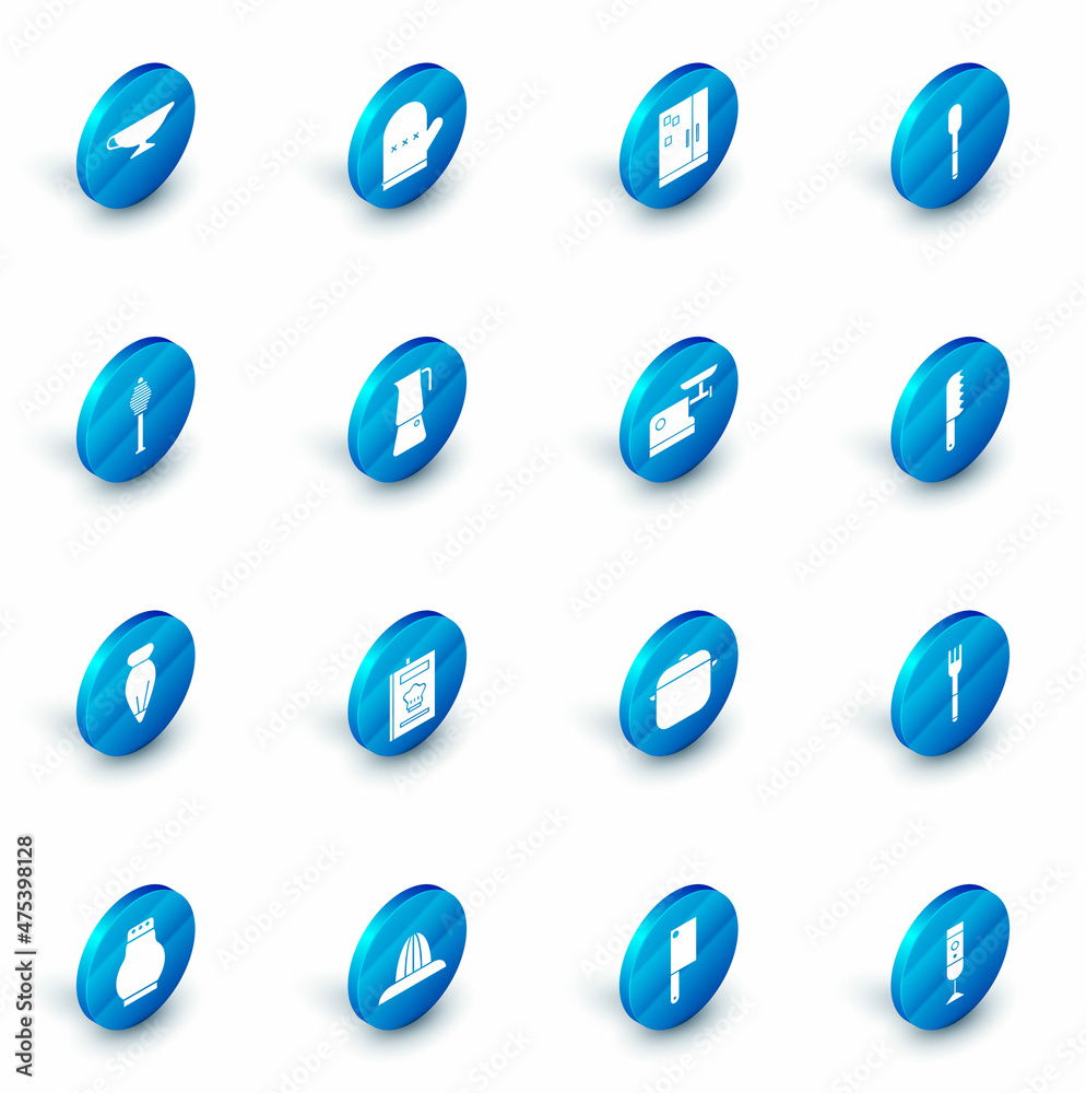 Set Oven glove, Refrigerator, Spoon, Honey dipper stick, Pastry bag for decorate cakes, Moka pot, Bread knife and Kitchen meat grinder icon. Vector Set Oven glove, Refrigerator, Spoon, Honey dipper stick, Pastry bag for decorate cakes, Moka pot, Bread knife and Kitchen meat grinder icon. Vector