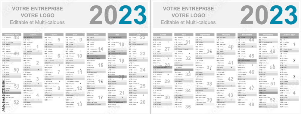 Calendrier français 2023 14 mois au format 320 x 420 mm recto verso entièrement modifiable via calques - obrazy, fototapety, plakaty 