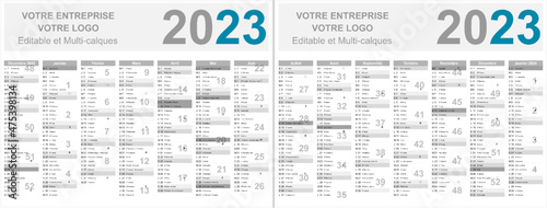 Calendrier français 2023 14 mois au format 320 x 420 mm recto verso entièrement modifiable via calques