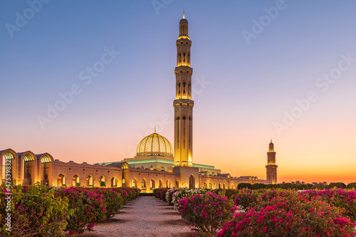 Middle East, Arabian Peninsula, Oman, Muscat. Sunset view of the Sultan Qaboos Grand Mosque in Bawshar.