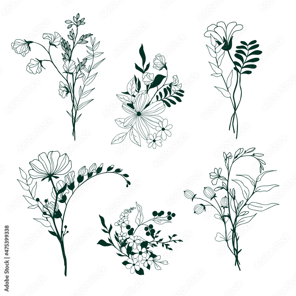 Set of tiny hand drawn floral elements - obrazy, fototapety, plakaty 