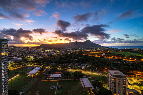 Morning Sunrise behind Diamond Head crater with Koko Head in Honolulu, Oahu