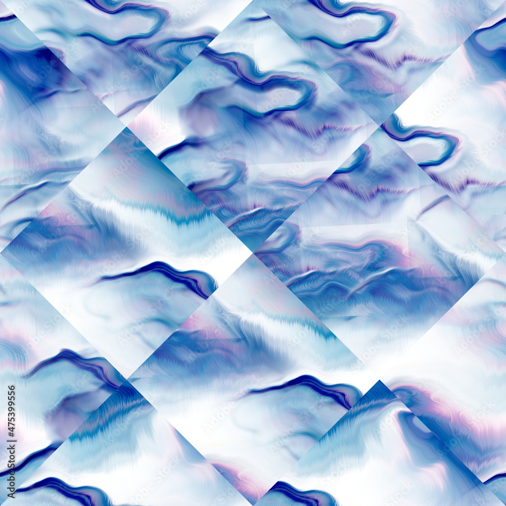 Fototapeta premium Optical glitch tie dye geometric texture background. Seamless liquid flow effect material. Modern wavy wet wash variegated fluid blend pattern. 