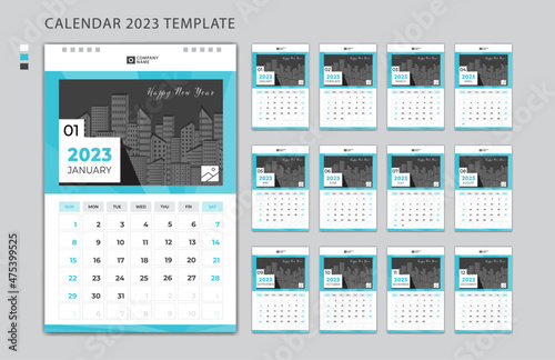 Calendar 2023 design template, wall calendar 2023 year, Week Starts on Monday, Set of 12 Months, Desk calendar, planner simple, poster, printing, advertisement, vertical page, Blue background. vector