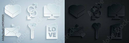 Set Key in heart shape, Computer monitor with, Envelope, Valentines day party flyer, Male gender symbol and Candy shaped box icon. Vector