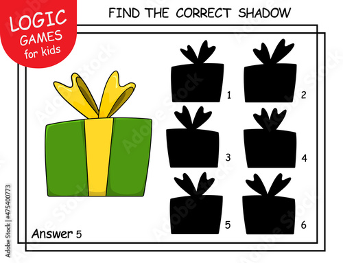Find the correct shadow the gift paper box. Cute cartoon present box with ribbon and bows. Educational matching game for kids with funny decorative stylish wrap of box for presents. Task with answer.