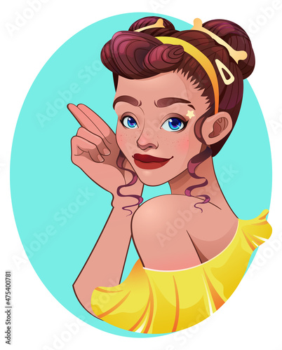 Vector illustration of a beautiful young girl with bagel hairstyle on a white background. Colorful image.