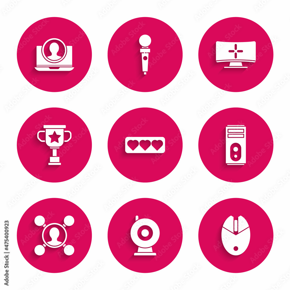 Set Like and heart, Web camera, Computer mouse gaming, Share, Award cup, monitor and Create account screen icon. Vector Set Like and heart, Web camera, Computer mouse gaming, Share, Award cup, monitor and Create account screen icon. Vector