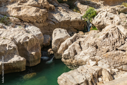 Middle East, Arabian Peninsula, Oman, Al Batinah South. Water flowing into the swimming pools at Wadi Bani Khalid.
