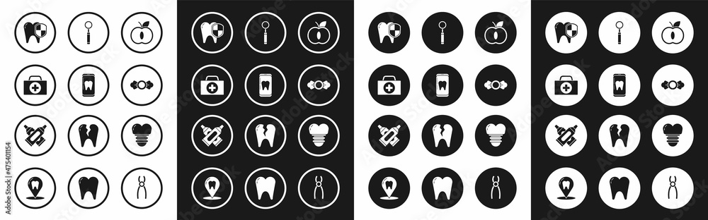 Set Apple, Online dental care, First aid kit, Dental protection, Candy, inspection mirror, implant and Crossed tube of toothpaste icon. Vector