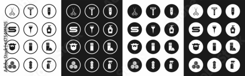 Set Electrical hair clipper or shaver, Hairbrush, Towel, Scissors hairdresser, Bottle of shampoo, Shaving razor, gel foam and Mustache and beard icon. Vector