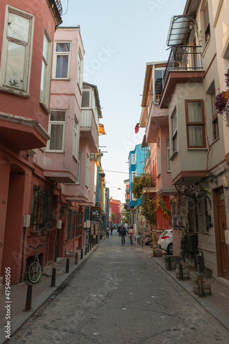 Historical Balat street in Istanbul, Turkey. Traditional, colorful houses in Balat district of Fatih, Istanbul. © burhan