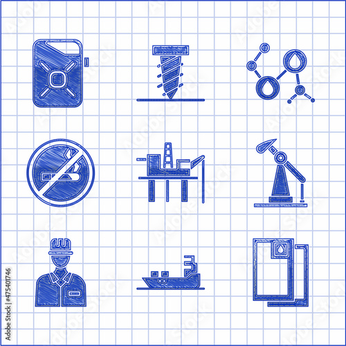 Set Oil platform in the sea, tanker ship, Barrel oil, pump pump jack, Oilman, No Smoking, Molecule and Canister motor icon. Vector