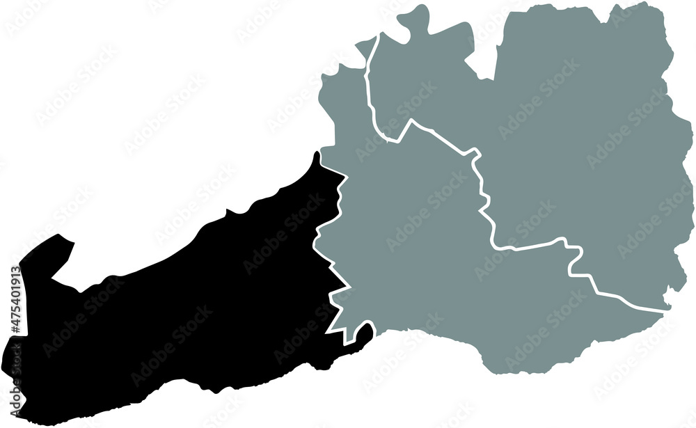 Black location map of the Kreis West District inside gray urban districts map of the Swiss regional capital city of St. Gallen, Switzerland