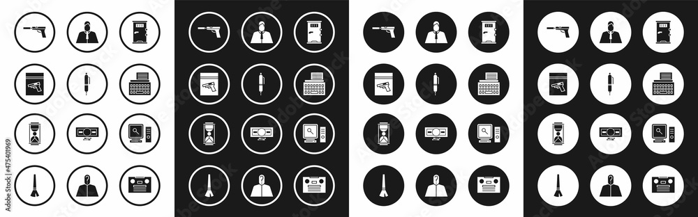 Set Prison cell door, Pen, Evidence bag and pistol gun, Pistol with silencer, Retro typewriter, Lawyer, attorney, jurist, Search computer screen and Old hourglass sand icon. Vector Set Prison cell door, Pen, Evidence bag and pistol gun, Pistol with silencer, Retro typewriter, Lawyer, attorney, jurist, Search computer screen and Old hourglass sand icon. Vector