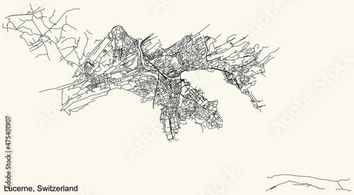 Detailed navigation urban street roads map on vintage beige background of the Swiss regional capital city of Lucerne-Luzern, Switzerland