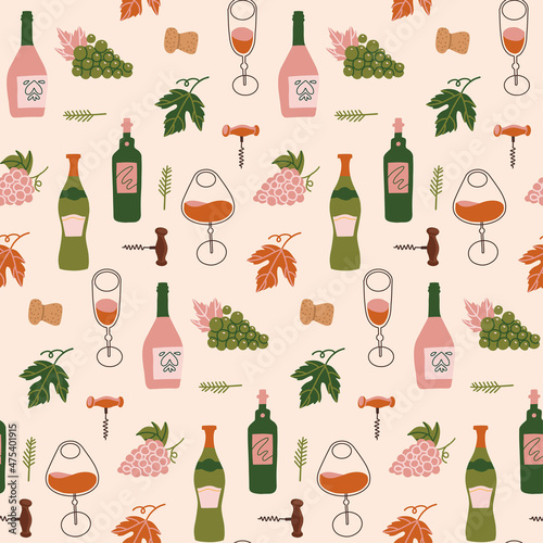 Modern flat design wrapping paper seamless pattern featuring different wine bottles with grapes, wine glasses and corkscrew. Flat hand drawn vector illustration.