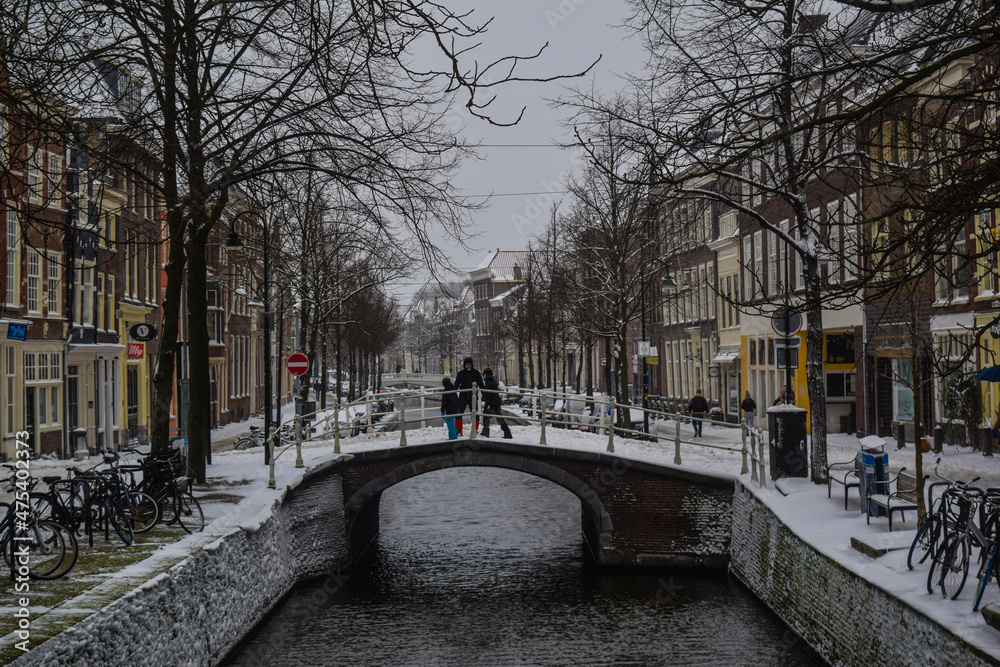 city canal in winter Delft, The Netherlands