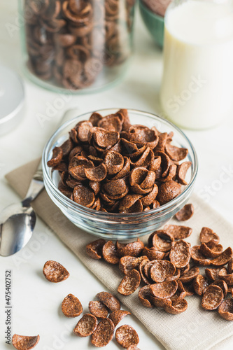 Sweet chocolate breakfast cereal flakes.