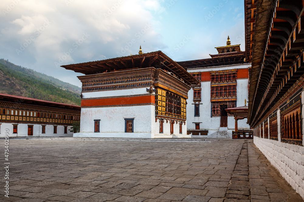 Fototapeta premium Exterior of Trashi Chhoe Dzong monastery in Thimphu, Bhutan, Asia