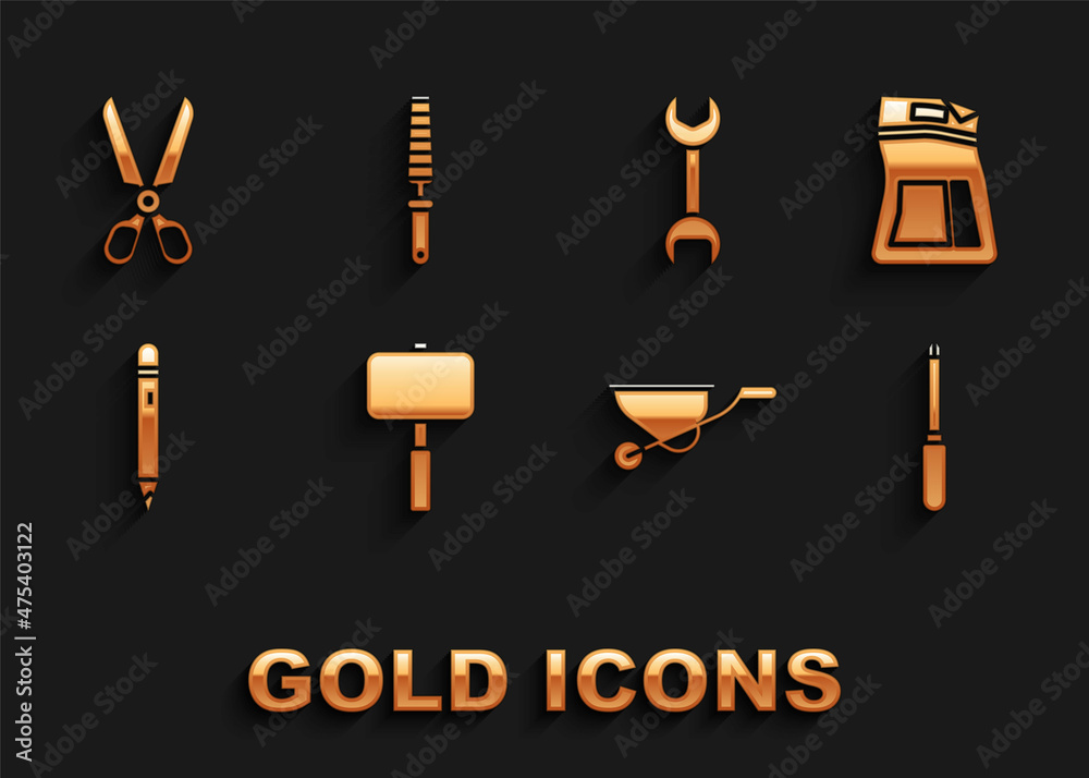 Set Sledgehammer, Cement bag, Screwdriver, Wheelbarrow, Pencil with eraser, Wrench spanner, Scissors and Chisel tool for wood icon. Vector