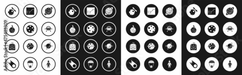 Set Planet Saturn, Moon, with flag, Satellites orbiting the planet Earth, UFO flying spaceship, Great Bear constellation, and Astronomical observatory icon. Vector