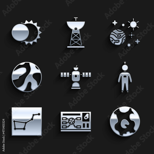 Set Satellite, Futuristic hud interface, Earth globe, Astronaut, Great Bear constellation, Planet, Space and planet and Eclipse of the sun icon. Vector