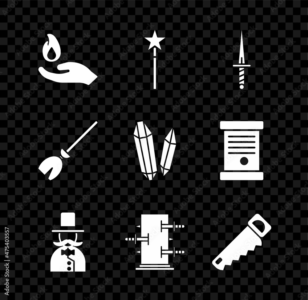 Fototapeta premium Set Hand holding a fire, Magic wand, Dagger, Magician, Trunk for magic tricks, saw, Witches broom and stone icon. Vector