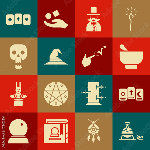 Set Witch cauldron and magic stone, Three tarot cards, Magic mortar pestle, Magician, hat, Skull, Playing and Spell icon. Vector