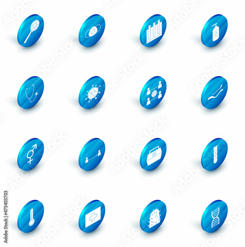 Set Medical protective mask, Blood test and virus, Bottle of liquid antibacterial soap, Stethoscope, Gender, Virus, Ebola disease and spread icon. Vector