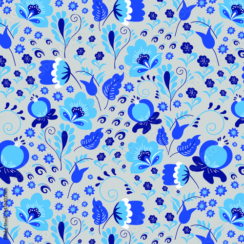 Seamless pattern with blue russian folk flowers. Summer colorful pattern design for fabric, textile, scrapbooking, wallpaper, wrapping paper and other surface pattern design.