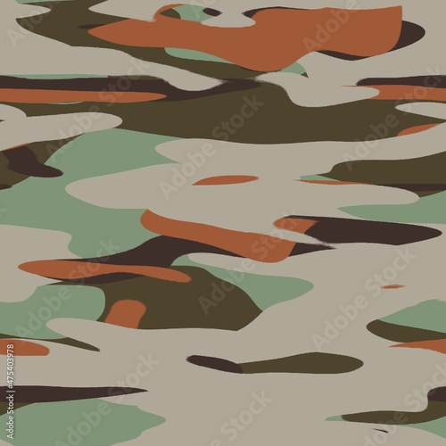 Seamless colorful happy camoflauge inspired surface pattern design for print. High quality illustration. Random military style abstract shape textile apparel fashion non-print for kids or adults.