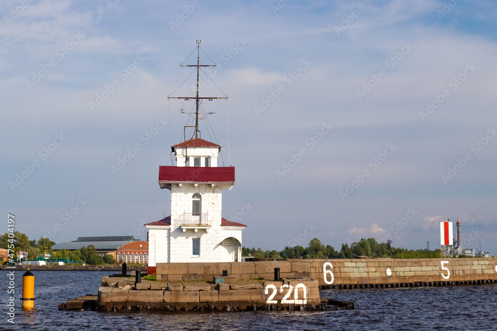 View from sea on ship traffic service station on the Kronstadt breakwater in Saint Petersburg, Russia