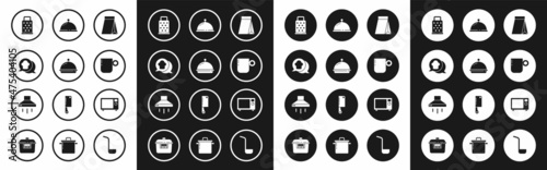 Set Bag of coffee beans, Covered with tray food, Chef hat in speech bubble, Grater, Coffee cup, Microwave oven and Kitchen extractor fan icon. Vector