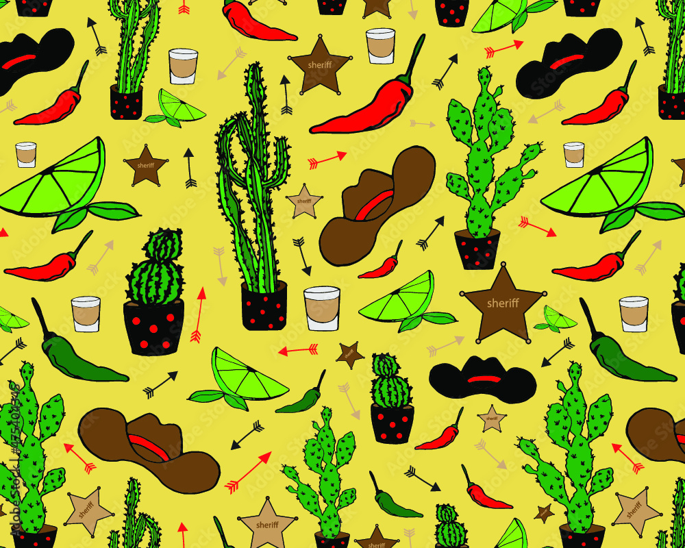 Vector seamless western cactus pattern on colorful yellow background ...