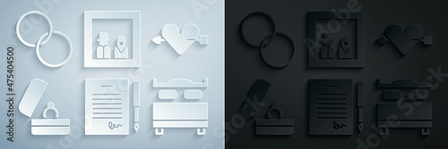 Set Marriage contract, Amour with heart and arrow, Wedding rings, Bedroom, Family photo and icon. Vector