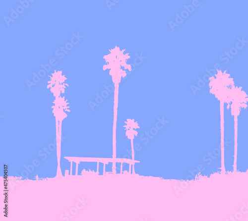 Vector illustration of beach and palms. Blue and pink pastel colors. Great for poster design