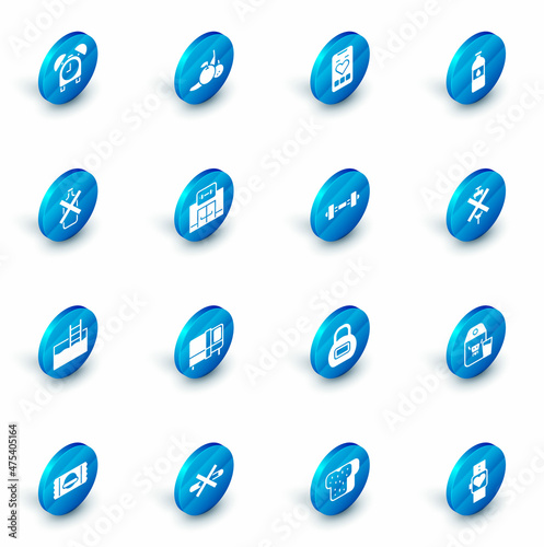 Set Fruit, Mobile with heart rate, Bottle of water, No alcohol, Swimming pool ladder, Gym building, doping syringe and Dumbbell icon. Vector