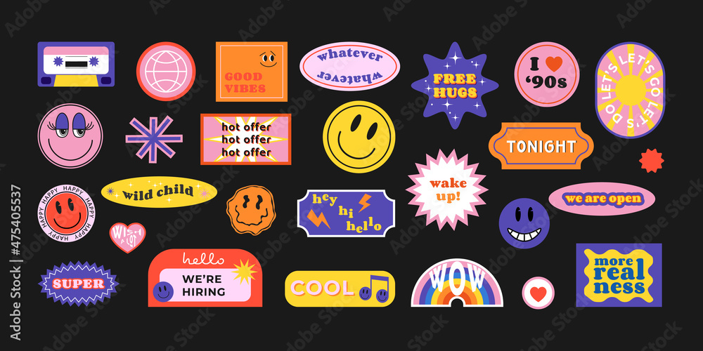 Cool trendy retro stickers with smile faces, cartoon comic label patches. Funky, hipster retrowave stickers in geometric shapes. Vector illustration of y2k , 90s graphic design badges - obrazy, fototapety, plakaty 