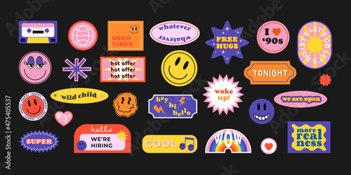 Cool trendy retro stickers with smile faces, cartoon comic label patches. Funky, hipster retrowave stickers in geometric shapes. Vector illustration of y2k , 90s graphic design badges photo