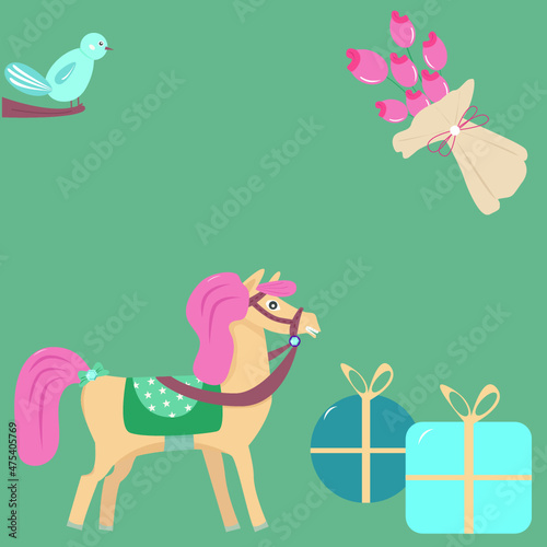 Cute vector greeting card or invitation template with illustrations of horse, gifts, flowers and bird. great for baby shower, kids birthday party. © Liudmila