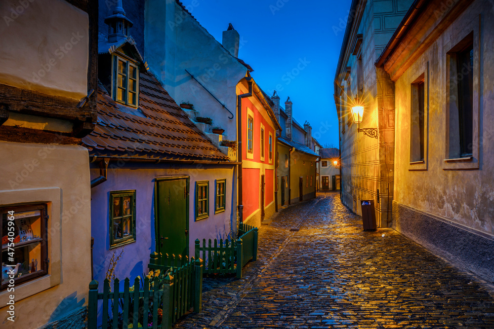 Europe, Czech Republic, Prague. Golden Lane buildings and street at night.