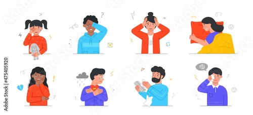 Set of sad and upset people crying. Upset men and women weeping from sorrow and grief. Unhappy characters wipe away tears. Cartoon colorful flat vector collection isolated on white background