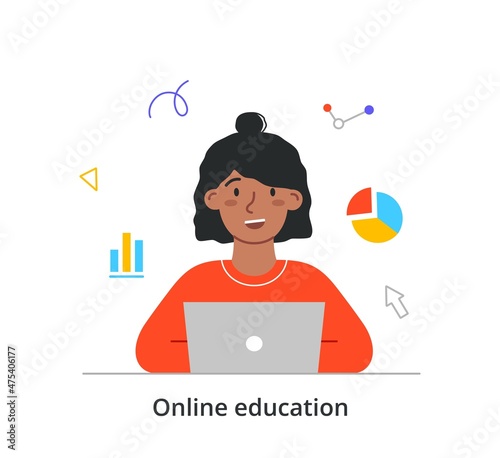 Online education and e learning concept. Young woman sitting at her desk and taking online accounting course on laptop. Female character analyzes statistics. Cartoon modern flat vector illustration