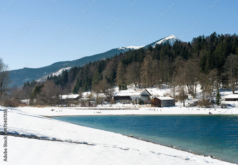 Hamlet Zwergern at Lake Walchensee in the snowy Bavarian Alps. Germany, Bavaria